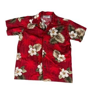 Pacific Legend Kids Medium Red Hawaiian Shirt Cotton Floral Aloha Button Front